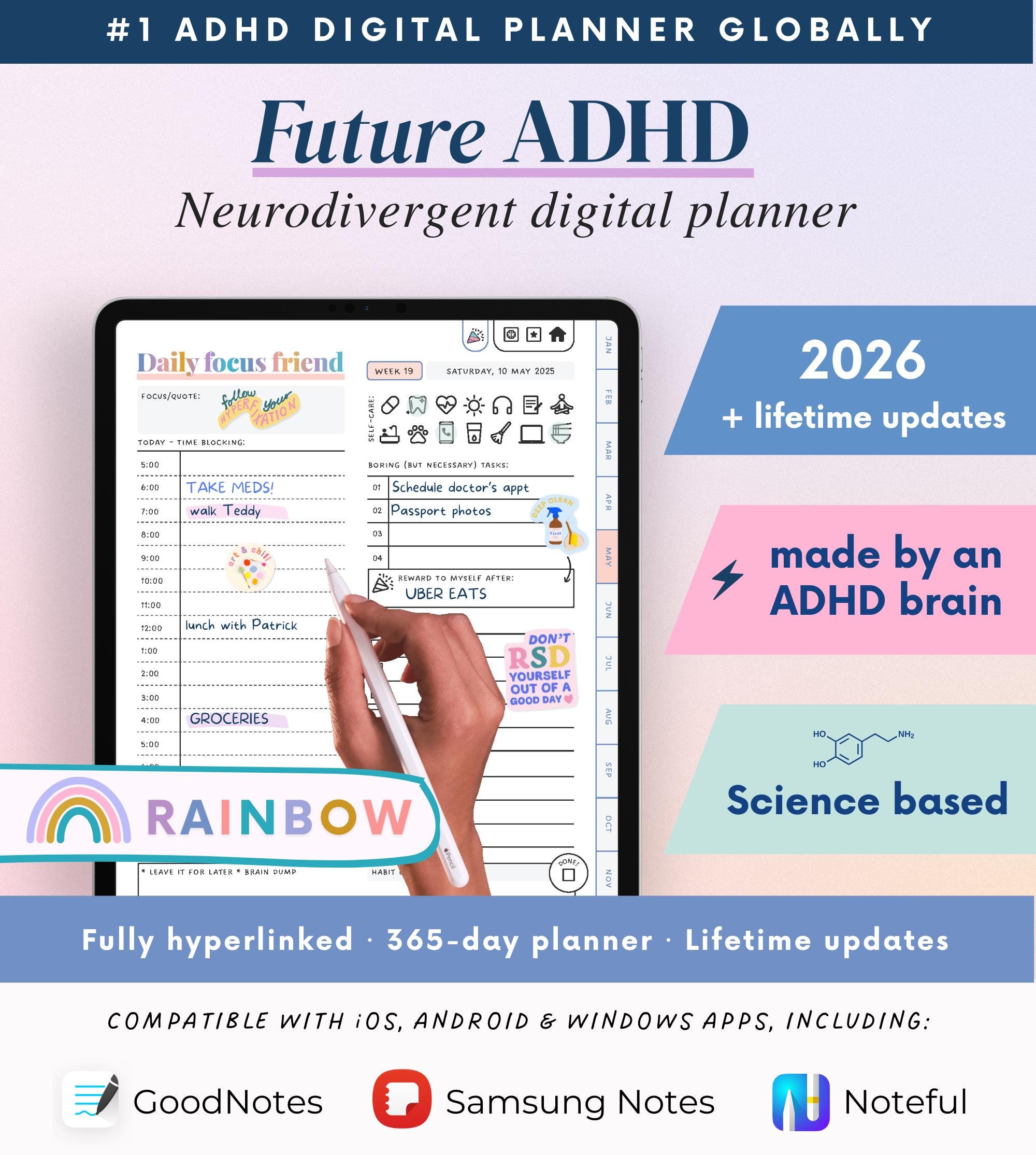 2026 Rainbow ADHD Digital Planner: Self-Care & Habits