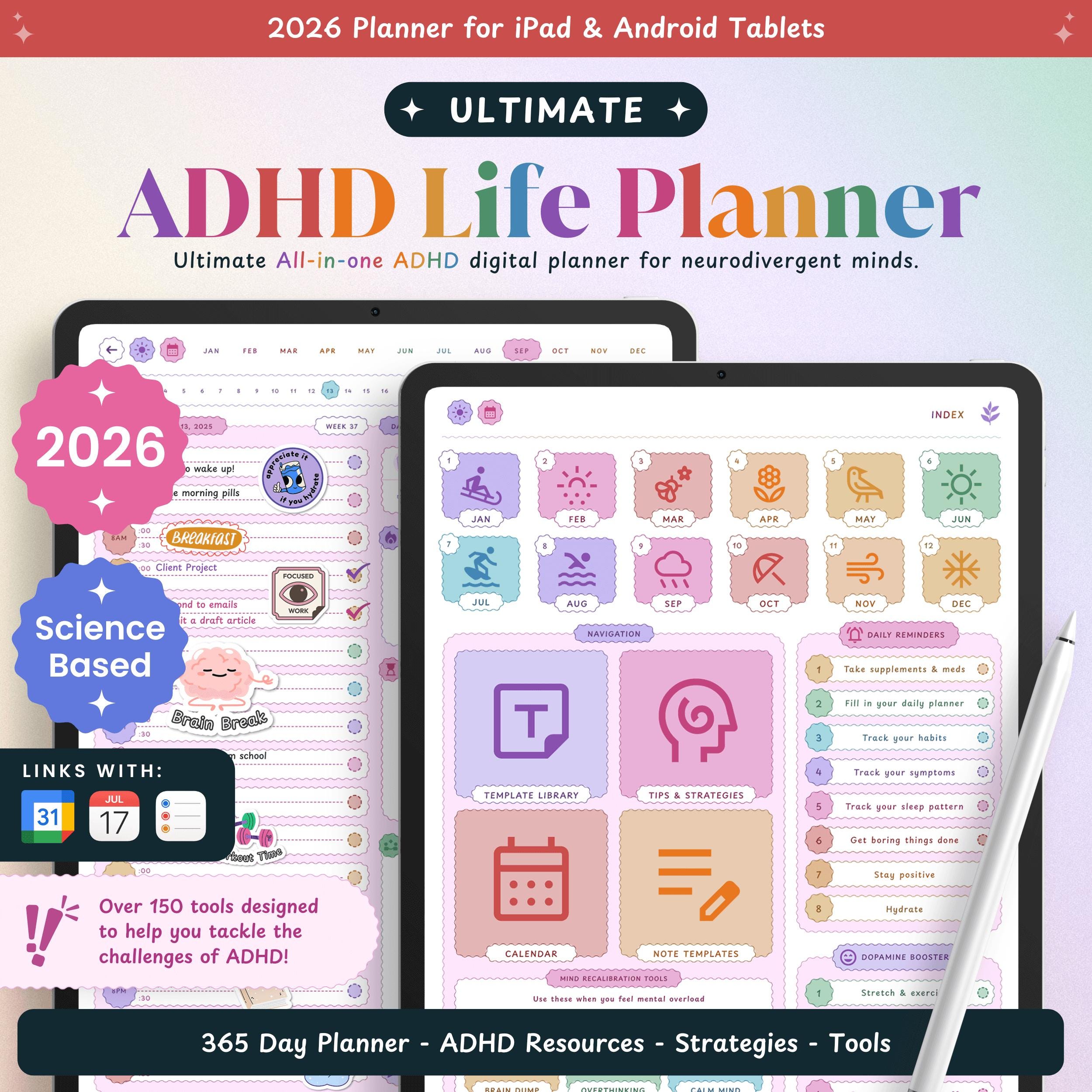 2026 Rainbow ADHD Digital Planner: Self-Care & Habits
