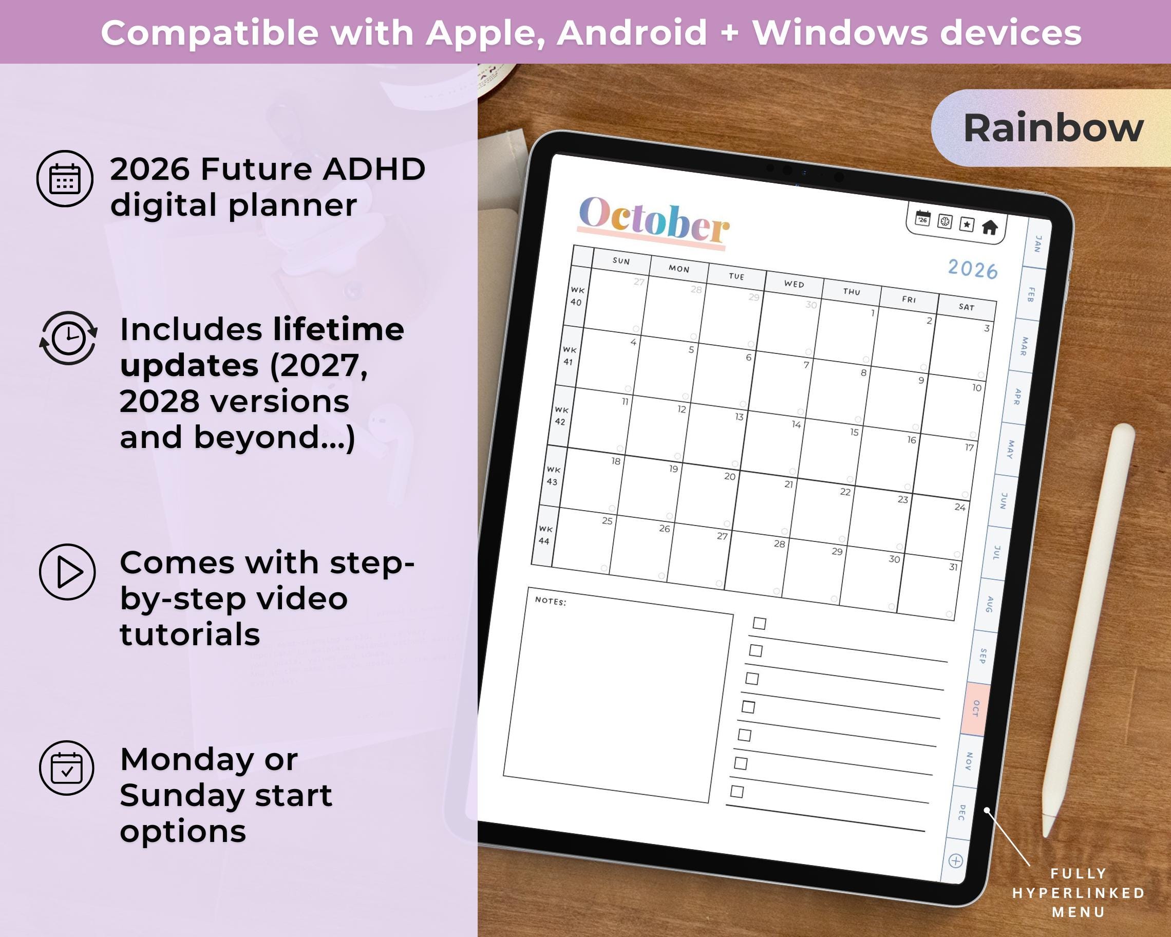 2026 Rainbow ADHD Digital Planner: Self-Care & Habits