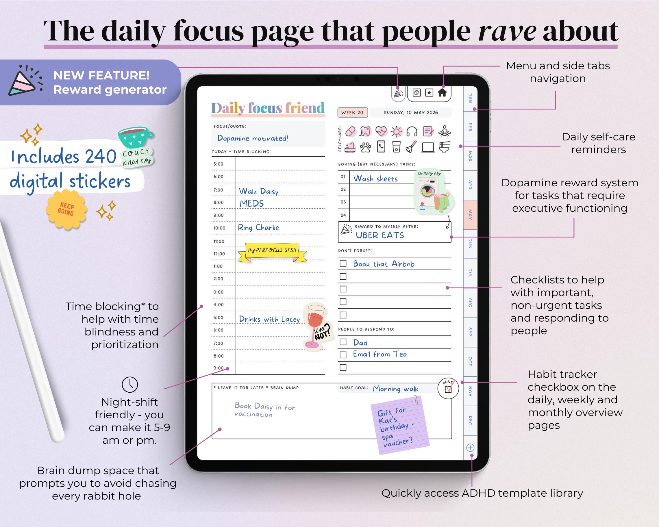 2026 Rainbow ADHD Digital Planner: Self-Care & Habits