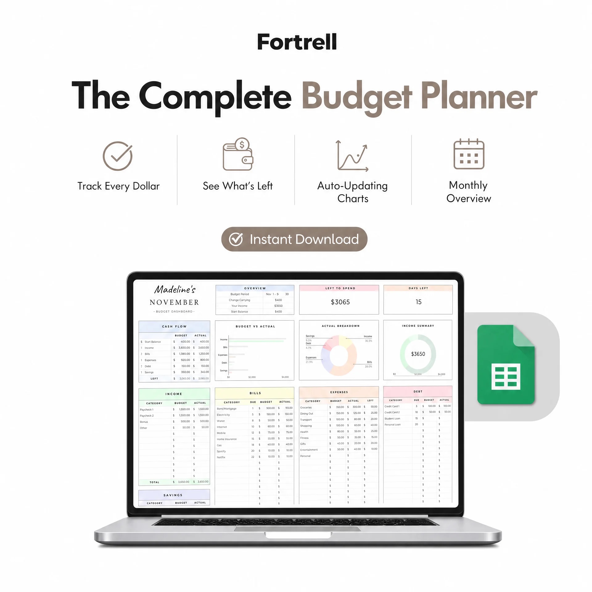 Monthly Budget Planner — Google Sheets & Excel