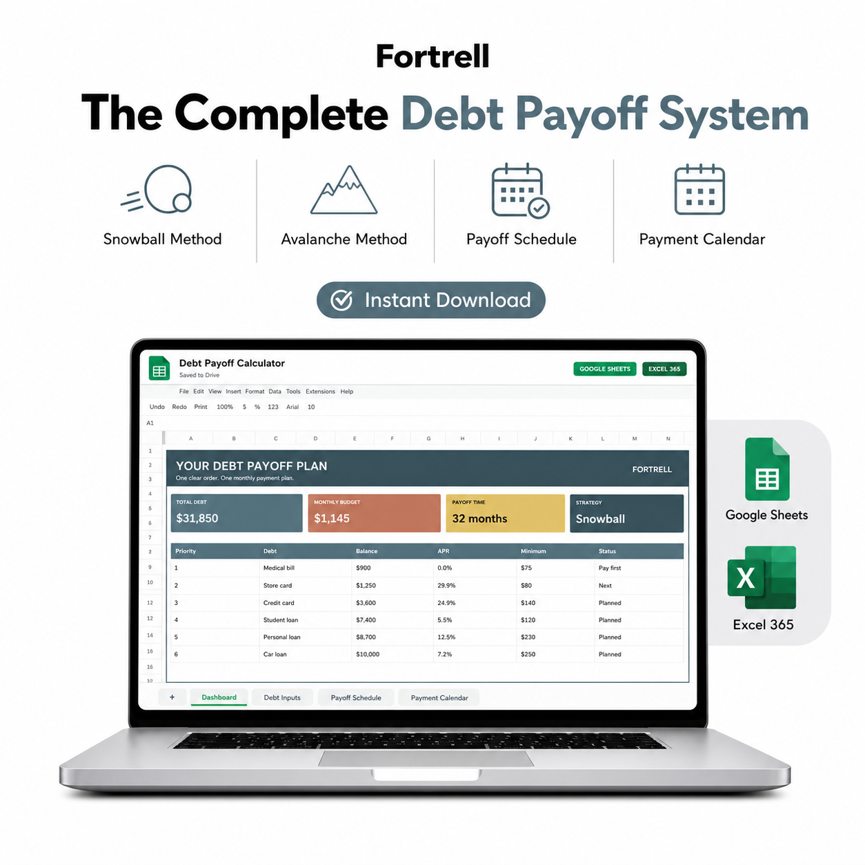 Complete debt payoff system with snowball, avalanche, schedule, and calendar