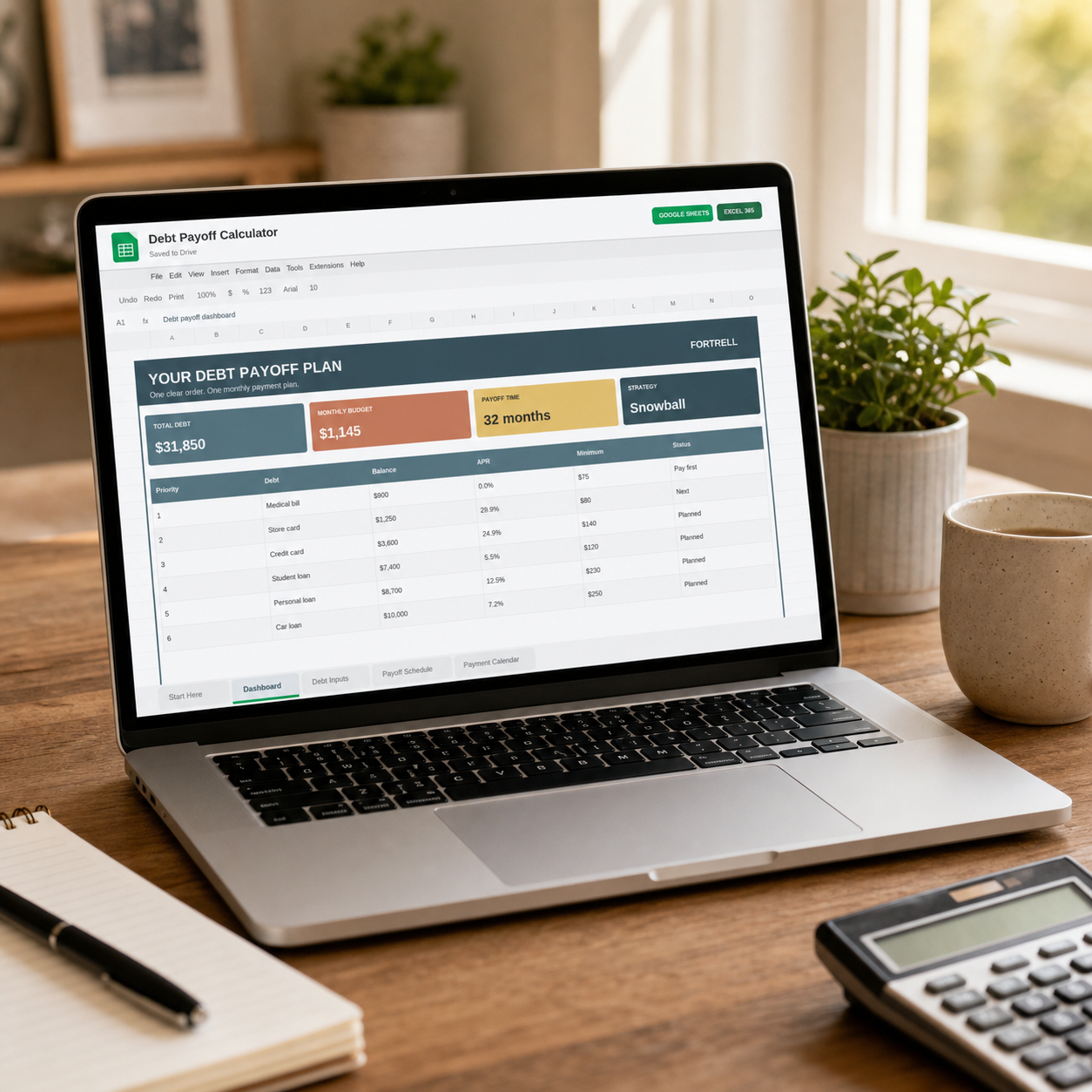 Debt Payoff Calculator Google Sheets template on a laptop in a calm home workspace