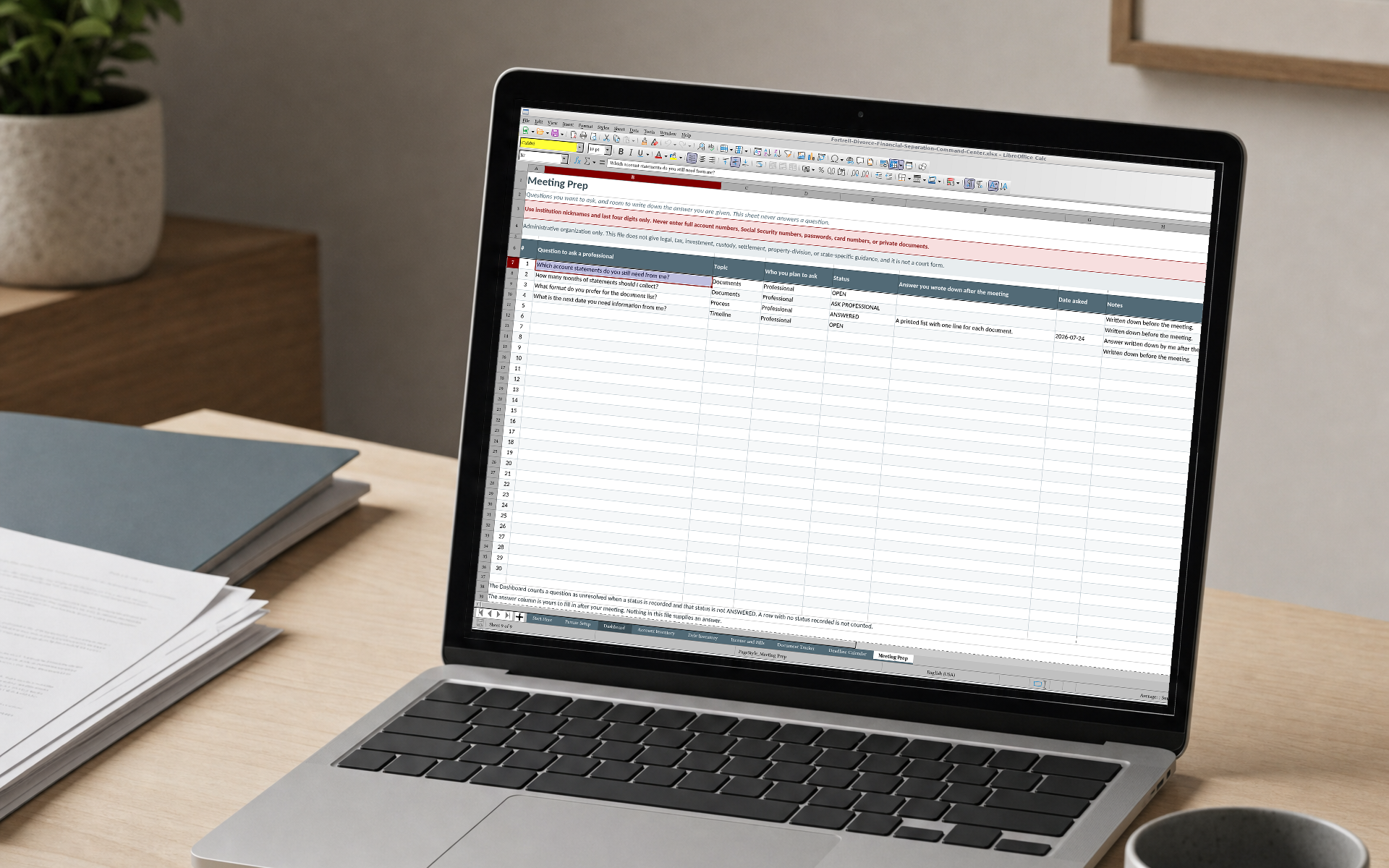 Divorce Financial Separation Command Center in use