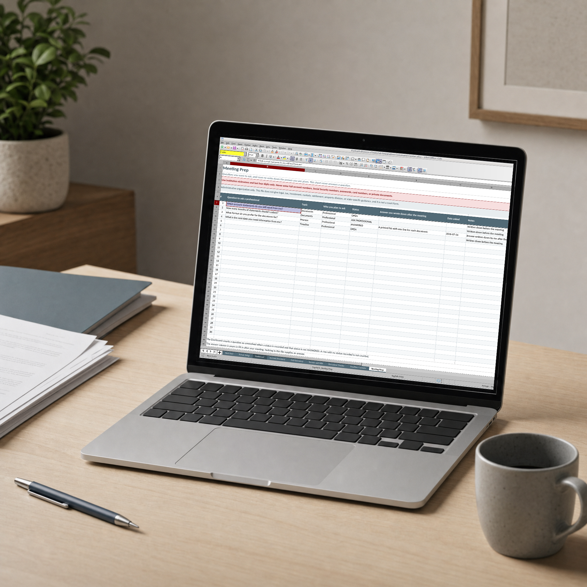 The workbook open on a laptop at a private home desk