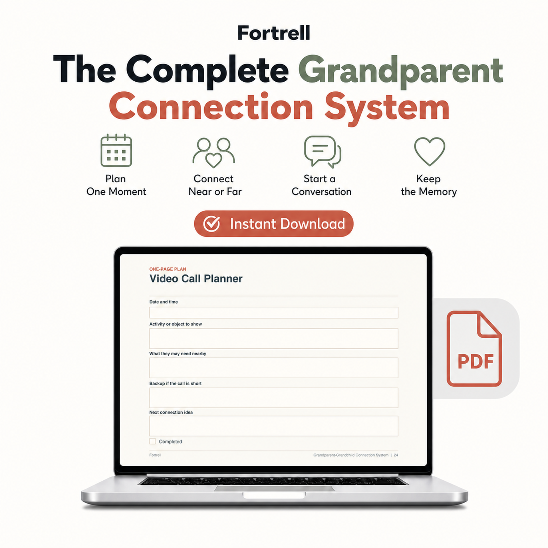 Twelve-month connection path with activities, conversations, mail, and keepsakes
