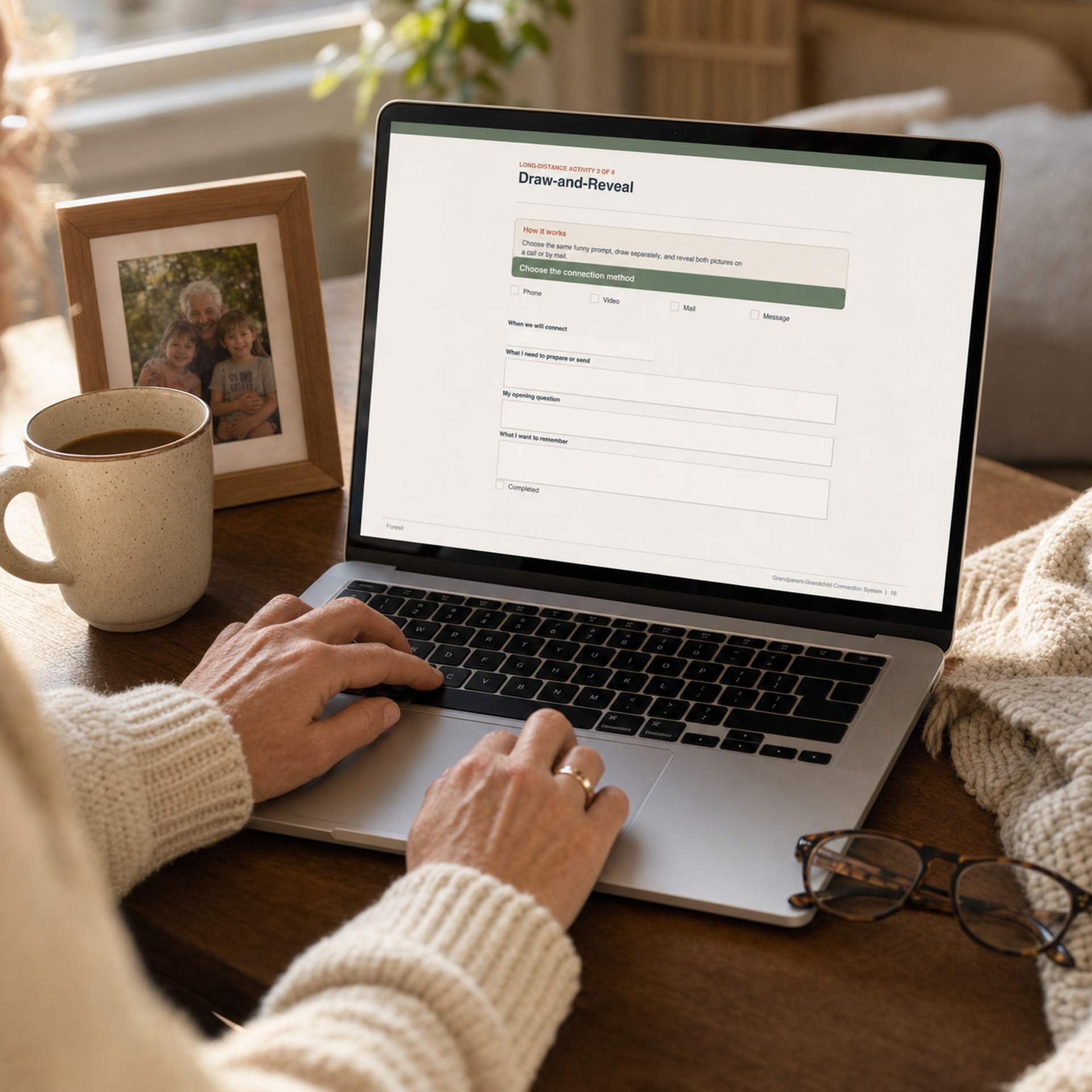 Quick activity chooser displayed on a laptop in a warm family home