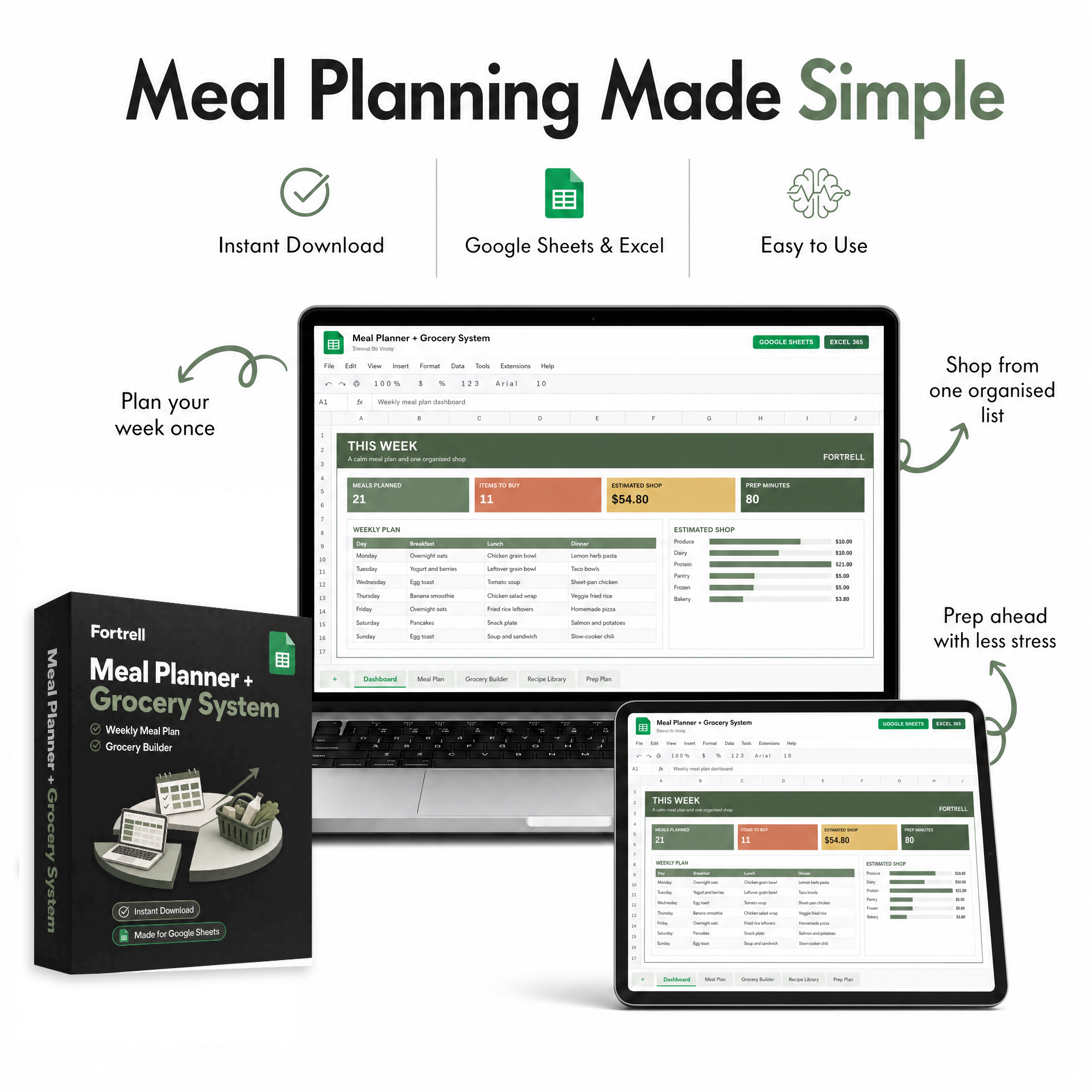 Meal Planner + Grocery System | Google Sheets & Excel