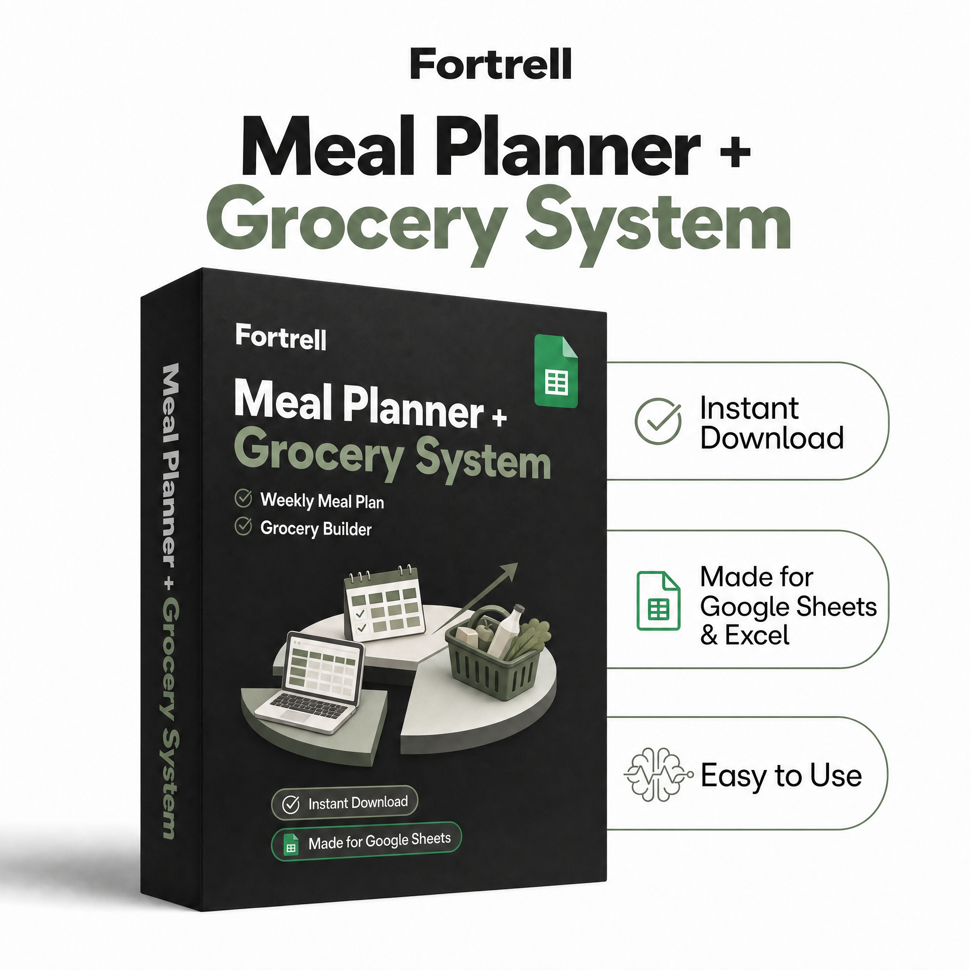 Fortrell Meal Planner + Grocery System premium Google Sheets package