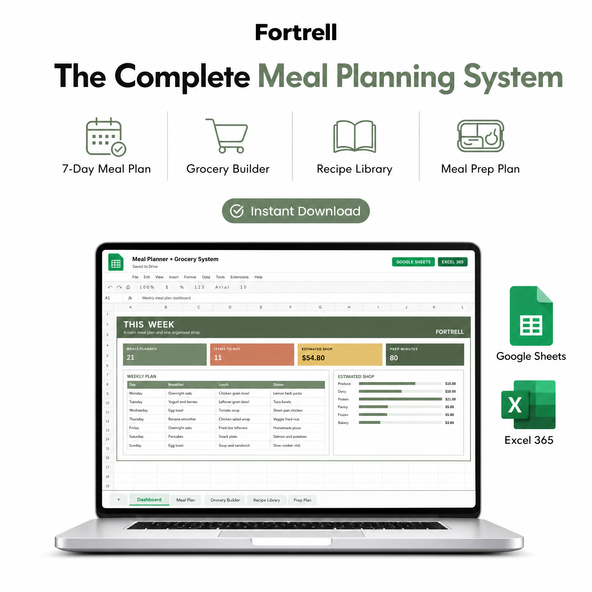 Meal Planner + Grocery System spreadsheet feature overview
