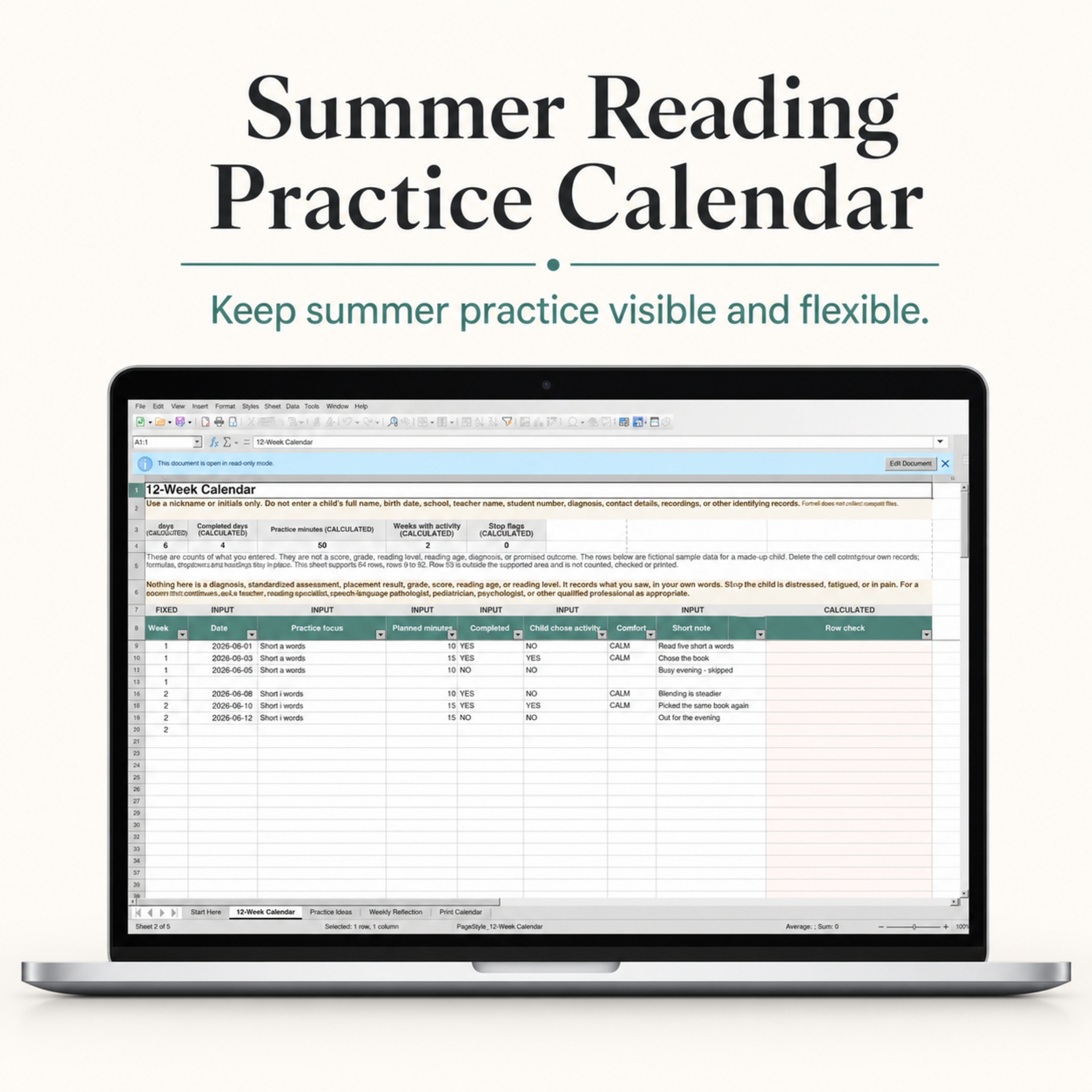 Summer Reading Practice Calendar — free bonus